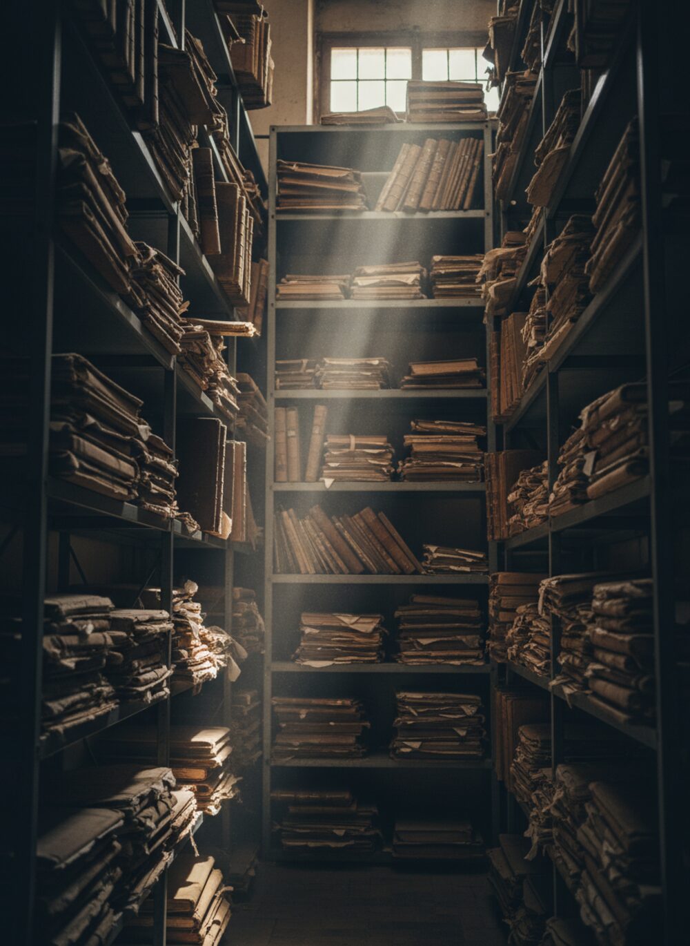 Towering stacks of aged Arabic documents and ledgers in a dark archive